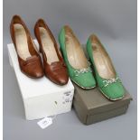 A pair of Rayne brown court shoes together with a pair of Rayne green satin evening shoes with