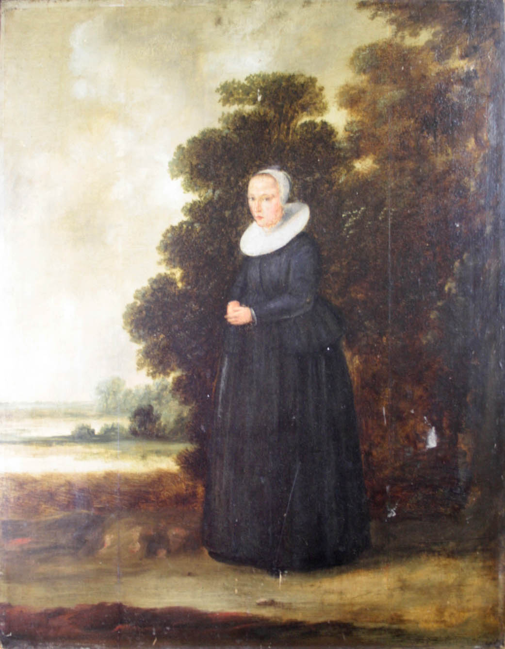 Continental School, 19th century Portrait of a lady, full length in landscape oil on cradled