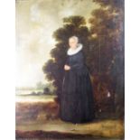 Continental School, 19th century Portrait of a lady, full length in landscape oil on cradled