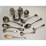 A George III sifter ladle, (marks indistinguishable), a Victorian silver fluted mustard pot and