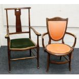 An Edwardian inlaid mahogany low open armchair, with curved arms, together with one other