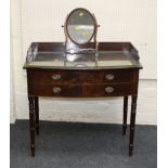 An Edwardian mahogany washstand, the rectangular break bowfront top with scrolled upstand over two