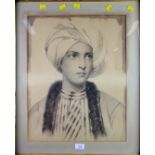 Late 19th century Indian School Pencil portrait of a gentleman with large turban and fur trimmed