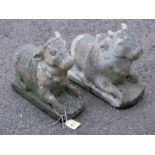 A pair of 19th century Indian carved marble figures of recumbent Brahmin bulls, 32cm long