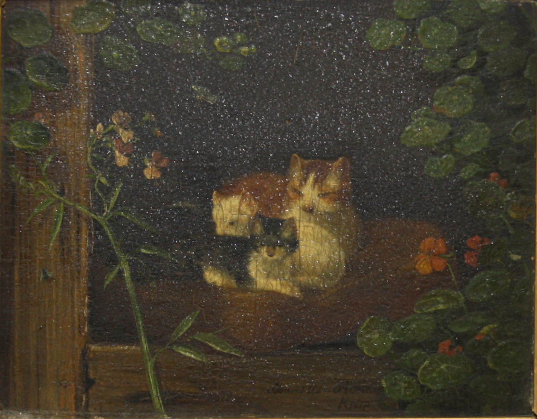 Herriett-Rowan (19th century) A cat and kittens, seated upon a cushion in a kennel, with butterfly