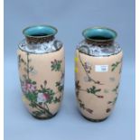 A pair of 1920's Japanese cloisonne vases of slender ovoid form, decorated with shrubs, insects