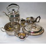 A silver plated tea kettle on stand, a silver plated three piece teaset, a wine funnel and a
