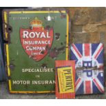 A vintage hard enamel BP Motor Spirit tabbed advertising sign, together with a Royal Insurance