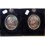 A pair of 20th century miniature oil on card studies of flowering vases on stone shelves, with