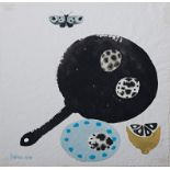 Mary Fedden R.A. (British 1915-2012) Still life study of a frying pan, pancakes, lemon and butterfly