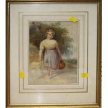 Edwardian British School A young fair haired girl on a country lane with jug watercolour 25 x 17.