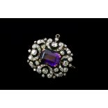 A late Victorian amethyst and diamond brooch, the rectangular step-cut amethyst within rose and