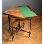 An Edwardian rosewood, boxwood paterae inlaid and strung envelope card table, the gilt tooled