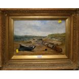 A R Albert (19th century British) Tenders and a broken mast on a sandy beach at mid-tide oil on