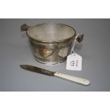 Martin Hall and Co., a silver pail form butter dish with frosted glass liner and reeded bands,