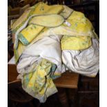 A pair of yellow and green striped floral, lined curtains with matching tiebacks and pelmet, 280cm