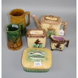 A late 19th century majolica pottery three piece tea set of moulded bamboo form together with