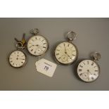 Four various silver pocket watches, comprising a Victorian pocket watch with white enamel dial,