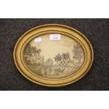 A 19th century silk thread oval needlework with naive scene of figures, oxen and buildings in a
