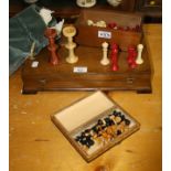 A 19th century natural and red stained bone chess set, height of King 7cm, together with a 20th