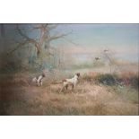 20th century British School Pointers in a woodland landscape, with partridge on the wing oil on