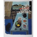 Mary Fedden R.A. (British 1915-2012) A black cat seated beside a table laid with fruit gouache,