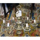 A heavy gilt brass 17th century style hanging chandelier with five scroll arms, 69cm wide