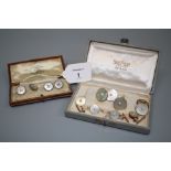 A pair of Edwardian gold enamel and mother of pearl cufflinks, together with a cased set of Japanese