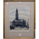 After Julien Celos (Belgian 1884-1953) A market town square with church etching, signed in pencil 45