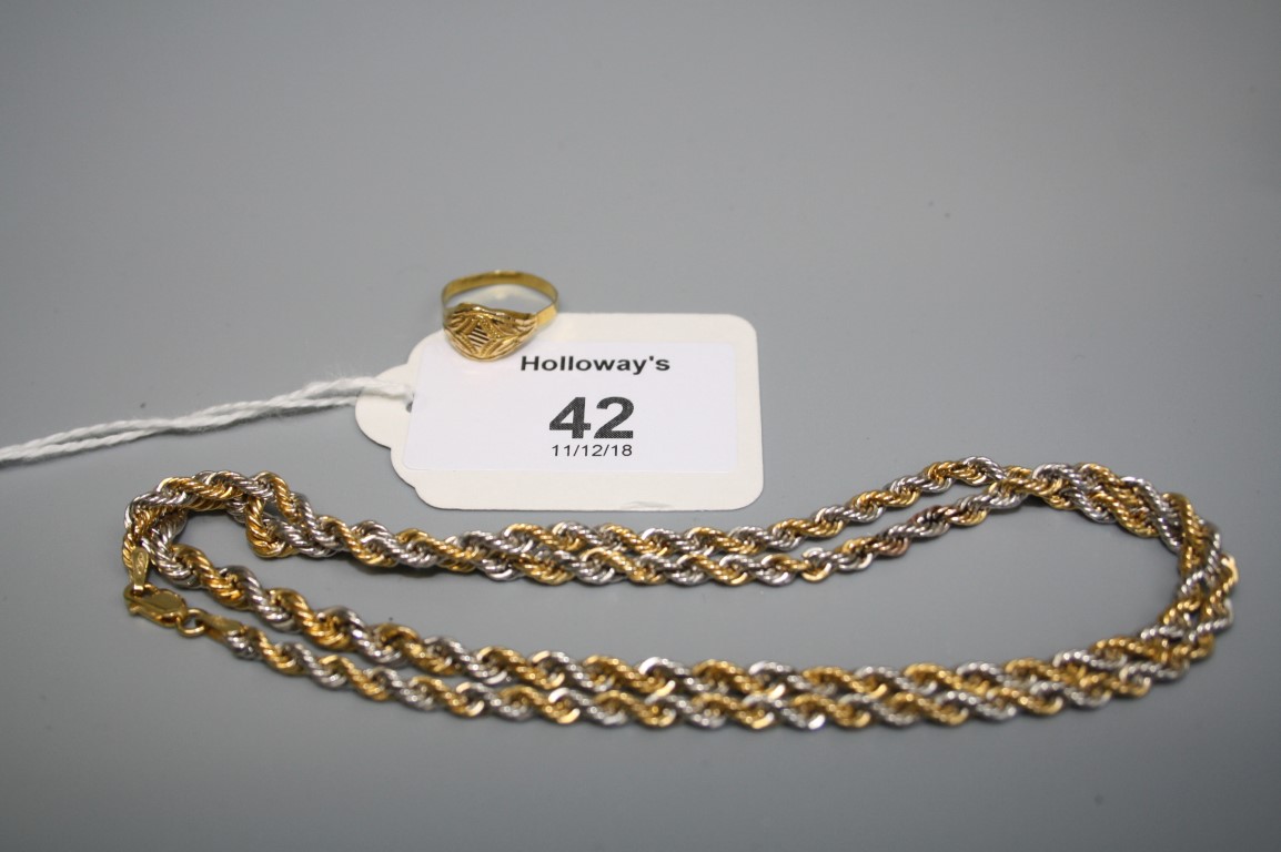 A two colour 9ct gold ropetwist necklace, together with an engraved yellow metal ring