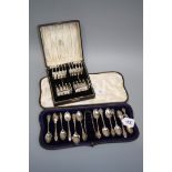 A harlequin cased set of twelve silver teaspoons of varying design, London 1903 etc, together with a