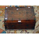 An Anglo Indian teak and camphor travelling box, the brass bound and wire inlaid hinged lid and body