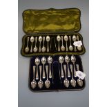 Mappin and Webb, a cased set of twelve silver coffee spoons and tongs, each with bright cut