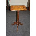 A walnut tripod table with rectangular chess board parquet top, 43.5cm