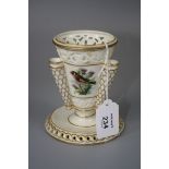 A late 19th century Royal Worcester epergne vase, the pierced collar over a finch and butterfly