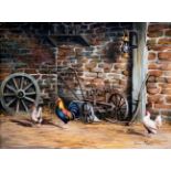 Kevin March (British b1961) Cockerel and chickens in a timbered brick barn oil on canvas, signed