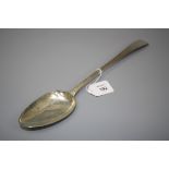 A late 18th century Irish silver stuffing spoon, monogrammed 'M' to handle, Dublin 1797, 35cm