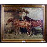19th century British School Two bay thoroughbreds before a thatched stable oil on canvas 48 x 59cm