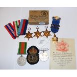 Second World War medals, Naval badge, etc.