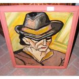 Oil painting of man wearing hat and smoking - sign