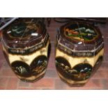 A pair of oriental painted wooden hexagonal garden