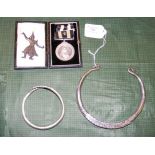 Heavy white metal bangle, medal, etc.