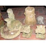 A cast stoneware birdbath on pedestal, together wi