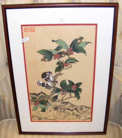 Oriental watercolour of birds in tree - having sig