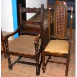 An antique armchair, together with a side chair