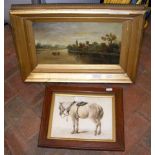 A gilt framed oil painting of river scene, togethe