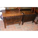Pair of small oak blanket chests with linen fold f
