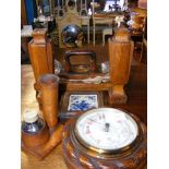 Oak cased wall barometer, pen and inkstand