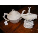 A Belleek teapot, together with a Belleek shell or