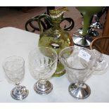 Attractive etched glass goblet with white metal ba